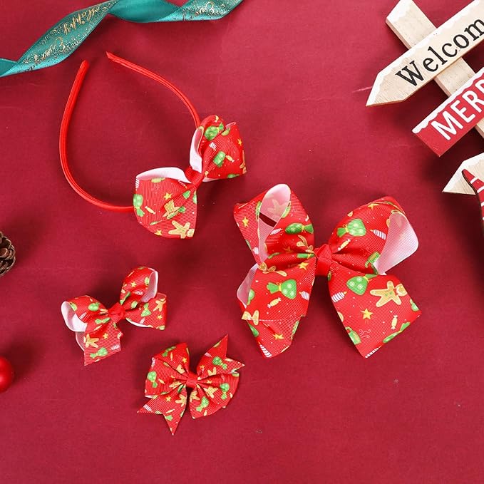 Christmas Bows for Girls,6PCS Hand-made Grosgrain Ribbon Hair Bows Alligator Clips Hair Accessories for Little Teen Toddler Girls Kids (Red Christmas)