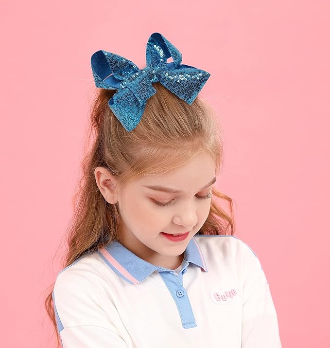 6 Inch Blue Sparkly Glitter Sequin Hair Bows for Girls Toddlers Kids Children Teenage (2PCS)