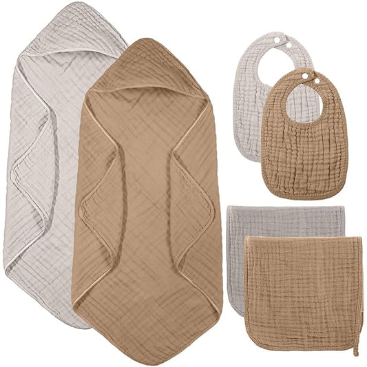 Hahafelt 6 Pcs Muslin Hooded Bath Towels Washcloths and Bibs Set, Muslin Cotton Baby Towels Absorbent Hooded Blanket Towel Infant Bibs for Boys Girls Newborn Infant Essential(Brown, Beige)