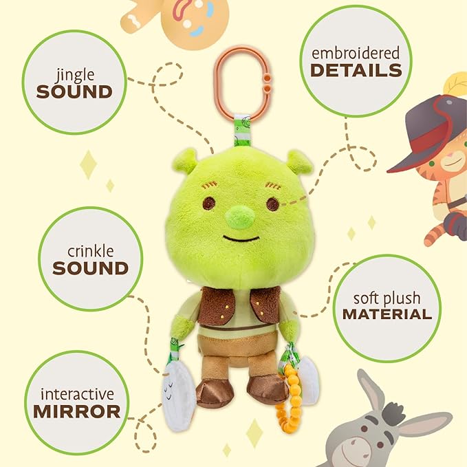 Shrek Activity Toy – Made with Super Soft Material & Features Jingle Bell, Child-Safe Mirror & Crinkle Sound – Use The C-Clip for Easy Hanging as On-The-Go Baby Toy for Boys & Girls