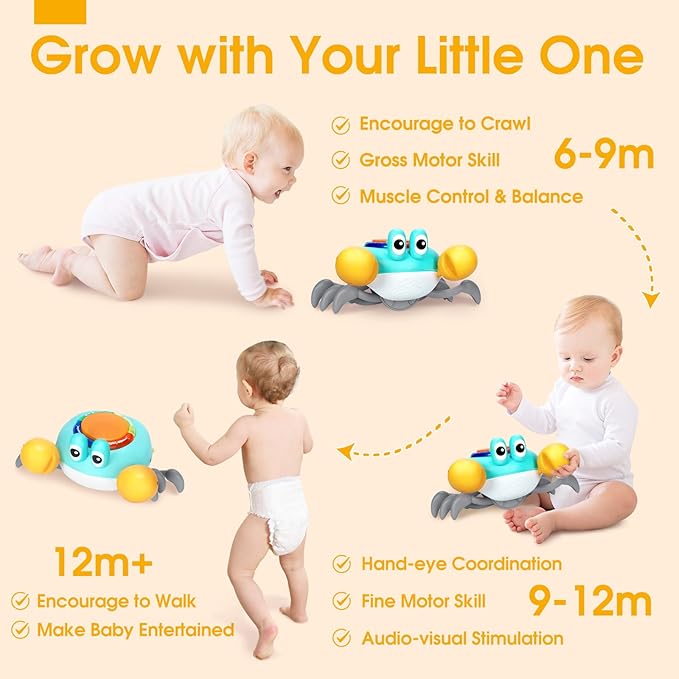 Musical Crawling Crab Baby Toy - Tummy Time Toys for 6-12 Months Boy Girl, Light-up Walking Crab Toys for 1 Year Old Baby Educational Learning, Crawly Crab Gift for 12-18 Months