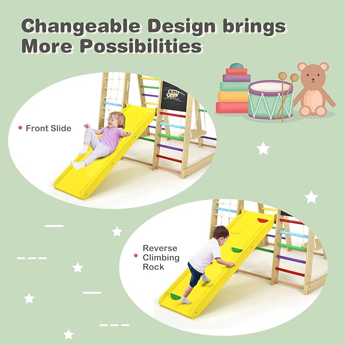 Costzon Indoor Playground, 8-in-1 Montessori Jungle Gym Beech Wood Climbing Toys for Toddlers w/Double-Sided Slide, Climbing Rock/Net, Indoor Playground Climber Playset for Kids 3+ Years (Rainbow)
