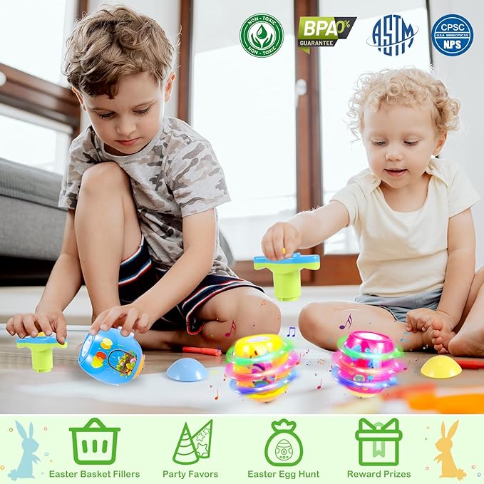 6 PCS Easter Basket Stuffers for Toddler Kids, Light Up & Singing Spinning Top with Flash, Easter Eggs Hunt Party Favor Toy Gifts, Kids Goodie Bag Fillers, Easter Gifts for Boys Girls 3+, Decorations
