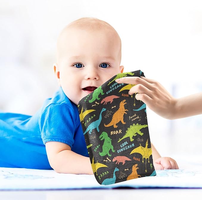 vvfelixl Baby Washcloths Cotton Colored Dino Dinosaurs Baby Muslin Washcloths Soft Baby Face Towel for Newborn Infants, 11.8 X 11.8 Inch, 3 Pack Black