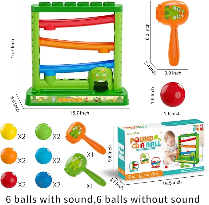 OCHIDO Toddlers Toys for 1 2 3+ Years Old Kids, Pound A Ball Included 2 Hammer & 12 Balls, Montessori Toys for Interactive Game for Boys and Girls, Early Learning Educational Gift