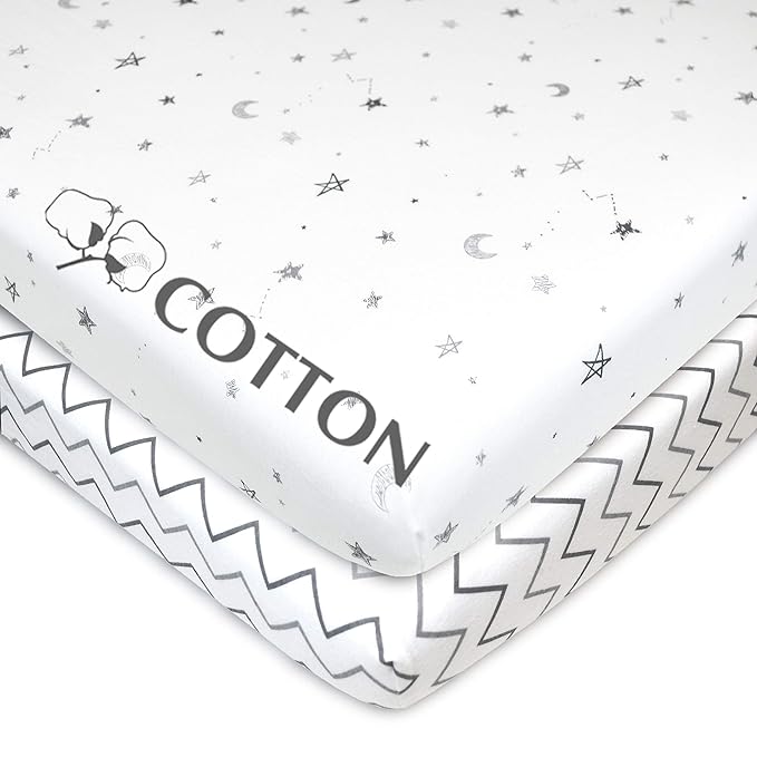 American Baby Company 2 Pack 100% Natural Cotton Fitted Pack and Play Sheets 39" x 27" - Soft & Breathable Pack N Play Sheets for Playard & Mini Crib Mattress, Grey Stars/Zigzag, for Boys & Girls