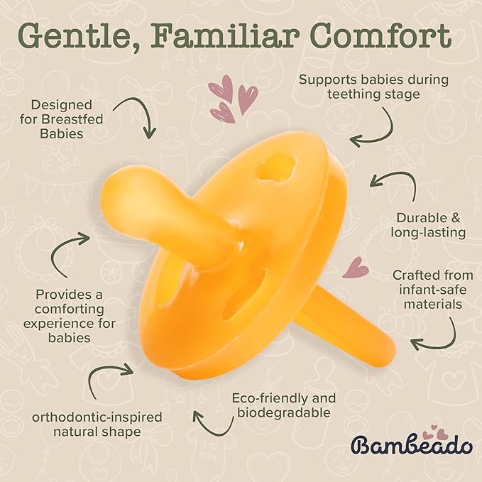 Bambeado PaciBamber Baby Pacifier - Natural Pacifier & Baby Teething Toy - Made with Natural Rubber and Baltic Amber Elements - Soft on Gums, Easy to Clean - Baby Pacifiers for 6-12 Months, 2 Units