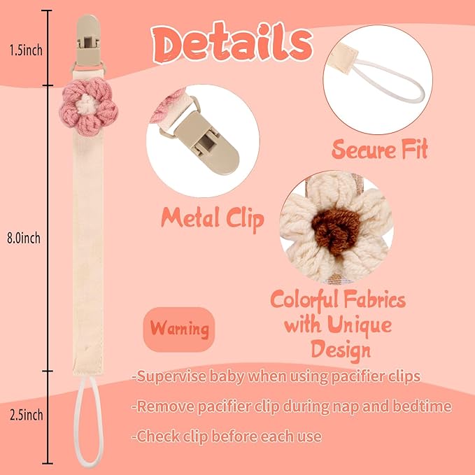 Baby's Breath 5 Pack Pacifier Clips with Adjustable Strap (14.5-18.3 in) - Handmade Boho Style Flower Design, Soft Textile Baby Holder Set for Girls, Neutral Colors for Any Outfit