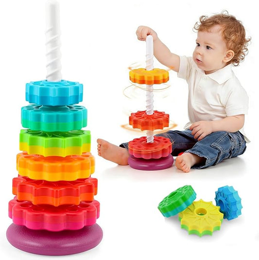Baby Spinning Stacking Toys Sensory Toys for Toddlers 1-3, Rainbow Ring Spin Montessori Toys for Babies 12 Months, Autism Learning Toy for 1 2 3 One Year Old Girl Boy Christmas Birthday Gifts
