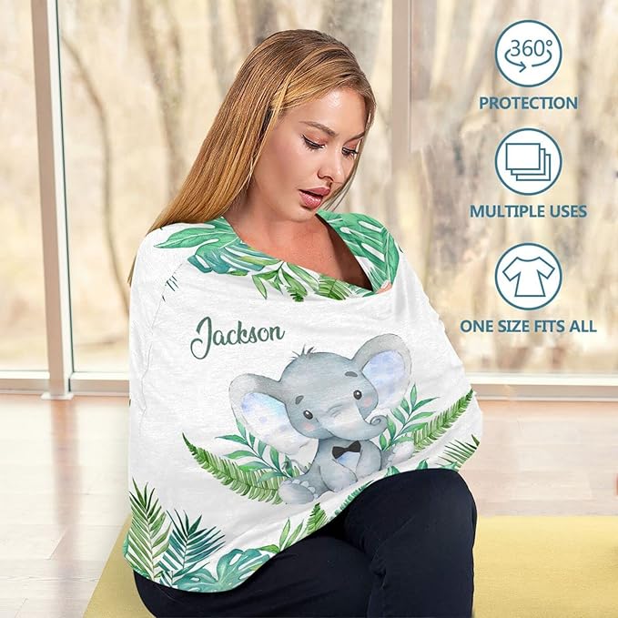 Personalized Baby Car Seat Covers with Name, Custom Nursing Cover Breastfeeding for Babies, Carseat Canopy for Boys, Infant Stroller Cover for Winter, Breathable Carseats Cover (Elephant Green Leaf)
