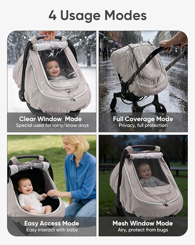 TinlyFinly Waterproof Car Seat Cover for Baby, 2-Layer Car Seat Rain Cover with Clear Window & Sunshade & Mesh Cover, Universal Infant Carseat Canopy for Stroller, Protect from Rain and Snow - Beige