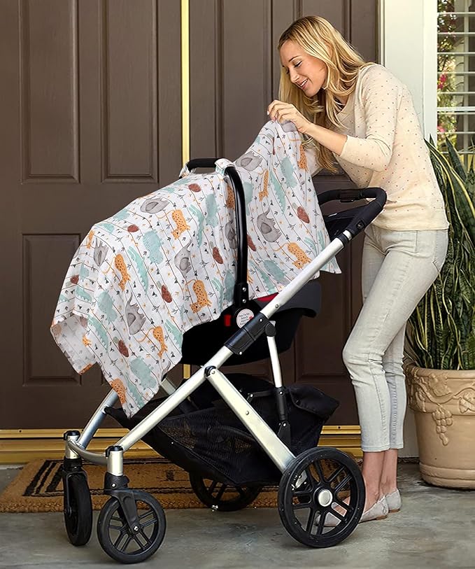 Metplus Car Seat Cover Baby boy, 100% Muslin Cotton Infant Carseat Covers, Lightweight Breathable Car Seat Canopy, Summer Stroller Sun Shade, Newborn Travel Essentials(Animal Party)