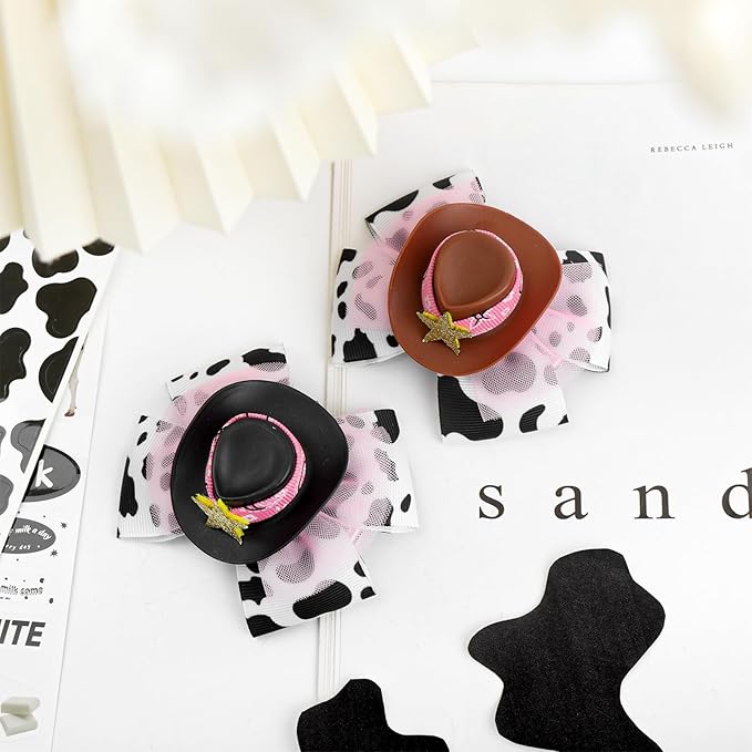 YanJie 3.5’’ Cowgirl Hat Bow Clips for Girls Western Hair Accessories Cow Print Bows Rodeo Outfit for Girl Birthday Gifts Back to School Clip