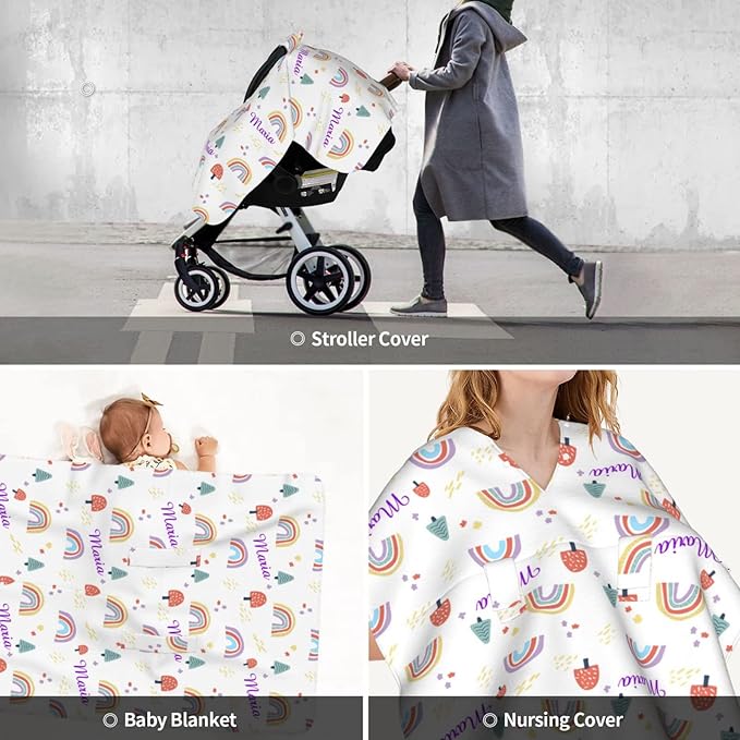Personalized Colorful Rainbow Baby Infant Car Seats Canopy for Baby with Name, Custom Lightweight Covers for Baby Boys Girls, Minky Nursing Breastfeeding Stroller Cover Canopies for Newborn