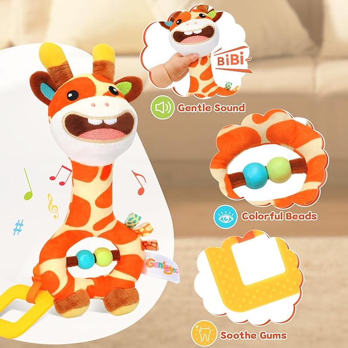 Baby Toy 0-12 Months - BPA-Free Soft Plush Sensory Toy with Gentle Squeaker, Safe Hand Grip & Teething Relief, Portable Newborn Toy for Diaper Bag, Baby Shower Gift (Orange Giraffe)