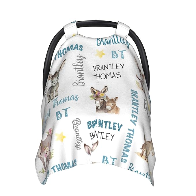 Custom Baby Car Seat Canopy Personalized Car Seat Covers with Name for Baby Boys Girls Customized Donkey Nursing Breastfeeding Cover Infant Carseat Canopies Newborn Minky Baby Blanket