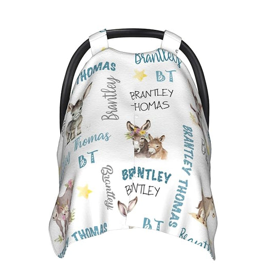 Custom Baby Car Seat Canopy Personalized Car Seat Covers with Name for Baby Boys Girls Customized Donkey Nursing Breastfeeding Cover Infant Carseat Canopies Newborn Minky Baby Blanket