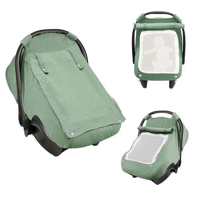 Baby Car Seat Cover, Infant Car Seat Cover for Boys Girls, Extra Large Mesh Window, Breathable Muslin Cotton, Lightweight Infant Windproof Carrier Canopy for Sun, Bug and Comfort Protection