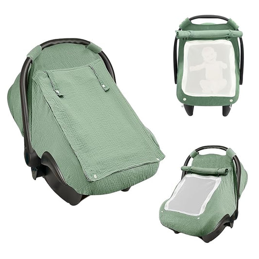 Baby Car Seat Cover, Infant Car Seat Cover for Boys Girls, Extra Large Mesh Window, Breathable Muslin Cotton, Lightweight Infant Windproof Carrier Canopy for Sun, Bug and Comfort Protection