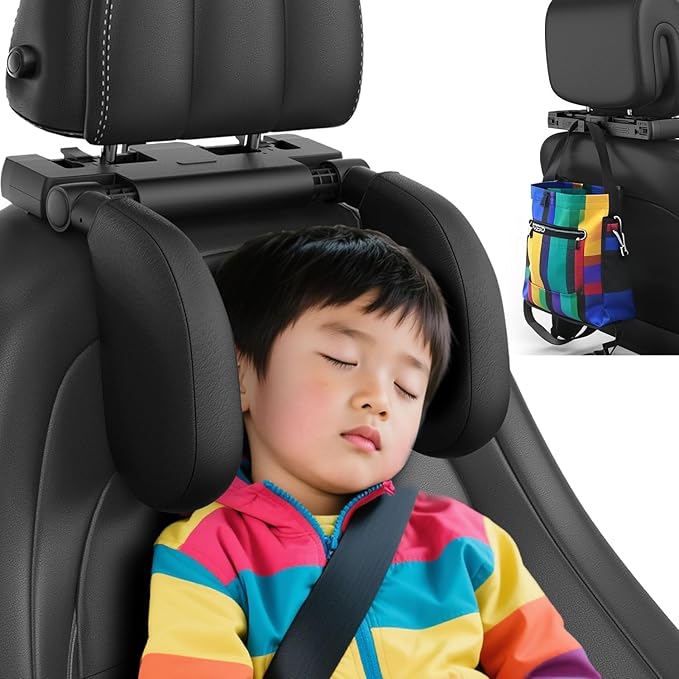 Car Headrest Pillow, [Supersleep] Road Pal Headrest with PU/Sponge Pad, 360° Adjustable Car Seat Head Neck Support, U Shaped Car Sleeping Pillow for Kids & Adults (Black-US Patent Design)