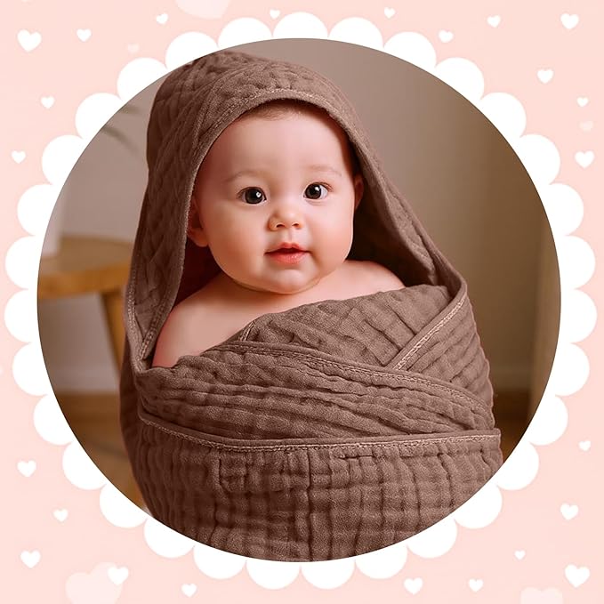 Peryiter 6 Pcs Muslin Hooded Baby Towels 32 x 32 Inch Cotton Newborn Bath Essentials Muslin Infant Blankets Absorbent Registry Gifts for Girl Boy Kids Baby Shower (Green and Pink Series)