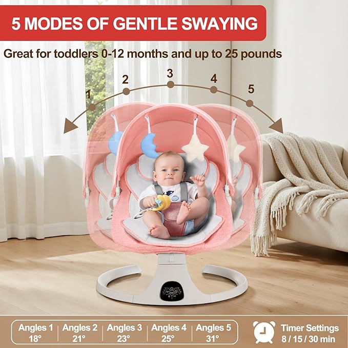 Baby Swing 3 in 1 Multifunctional Infant Rocker, Portable with Remote Control, 5-Point Seat Belt, 5 Auto Rocking, 3 Speed Timer, Electric with Music (0-12 Months) (Pink)