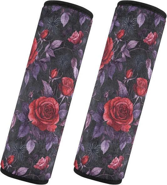 CHIFIGNO Red Roses Purple Leaves Seat Belt Covers Pack of 2 Soft Car Seatbelt Covers Shoulder Strap Covers for Car Bag