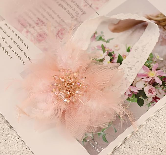 Bethynas Baby Girls Lace Feather Headband Beads Gauze Flower Elastic Toddler Hairband Birthday Party Princess Hair Accessories for Newborn Infant (Pink)