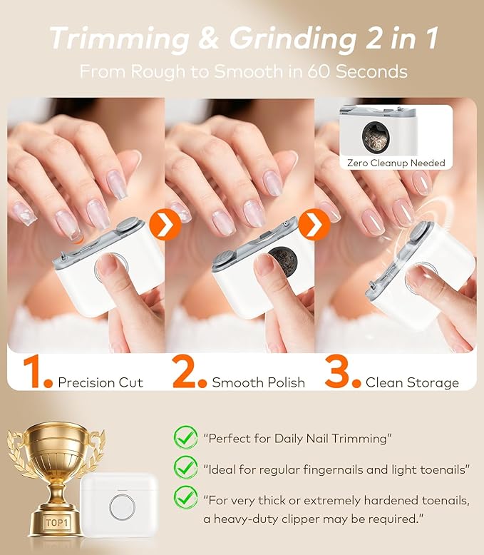 Electric Nail Clipper for Toe & Finger Nails 【Dual-Blade Precision】Automatic Nail Trimmer, Ultra-Quiet & Safe Electric Nail File with LED Light, 2-in-1 Trimmer & Grind for Seniors and Baby, White