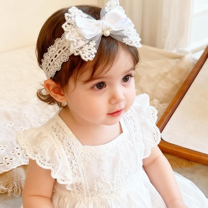 Baby Girls Headband White Bow Lace Headbands Soft Elastic Bowknot Hairbands Cute Hair Accessory for Newborn Kids Infant Toddler Baptism Birthday Party (Lace Pearl)