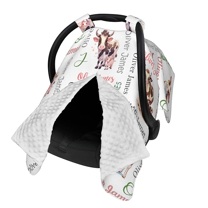 Custom Baby Car Seat Canopy Personalized Car Seat Covers with Name for Baby Boys Girls Customized Cow Nursing Breastfeeding Cover Infant Carseat Canopies Newborn Minky Baby Blanket