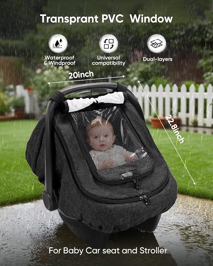 TinlyFinly Waterproof Car Seat Cover for Baby, 2-Layer Car Seat Rain Cover with Clear Window & Sunshade & Mesh Cover, Universal Infant Carseat Canopy for Stroller, Protect from Rain and Snow - Black