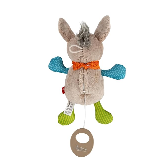 SIGIKID 42891 Mini Donkey Music Box with Soft Melody for Sleeping with Changeable Mechanism for Babies and Children from Birth, Multi-Colour, 20 cm