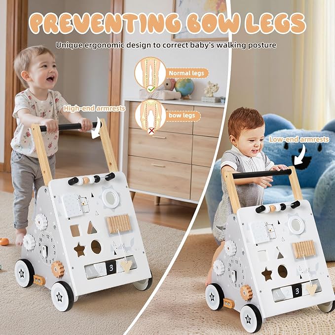 Wooden Baby Walker, Baby Push Walker with Wheel, Push and Pull Toys Learning to Walk, Montessori Walker Toy for Kids Development, Adjustable Speed and Height