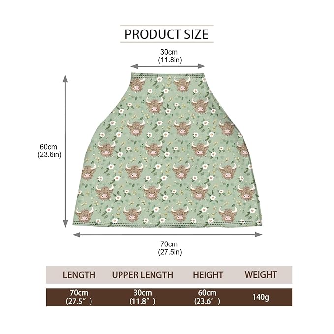 5-in-1 Unisex Cartoon Farm Cow Floral Pattern Baby Carseat Stroller Cover for Boys Girls, Highland Cow Flowers Infant Toddler Privacy Nursing Breastfeeding Canopy, Grocery Shopping Cart Cover-24x28