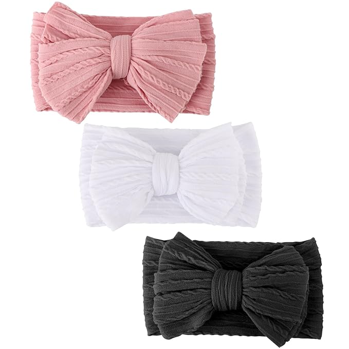 DRESHOW BQUBO Handmade Baby Headbands Soft & Stretchy Hair Bands with Bows Nylon Bows Hairbands for Girls Newborn Infant Toddlers Hair Accessories 3 pack