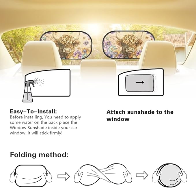 Bulopur Highland Cow Car Window Shades 2 PCS Sun Shades for Back Windows Dahlia Floral Baby Car Seat Sun Protection Easy to Install Mesh Car Window Covers Universal Sunshade Sunvisor