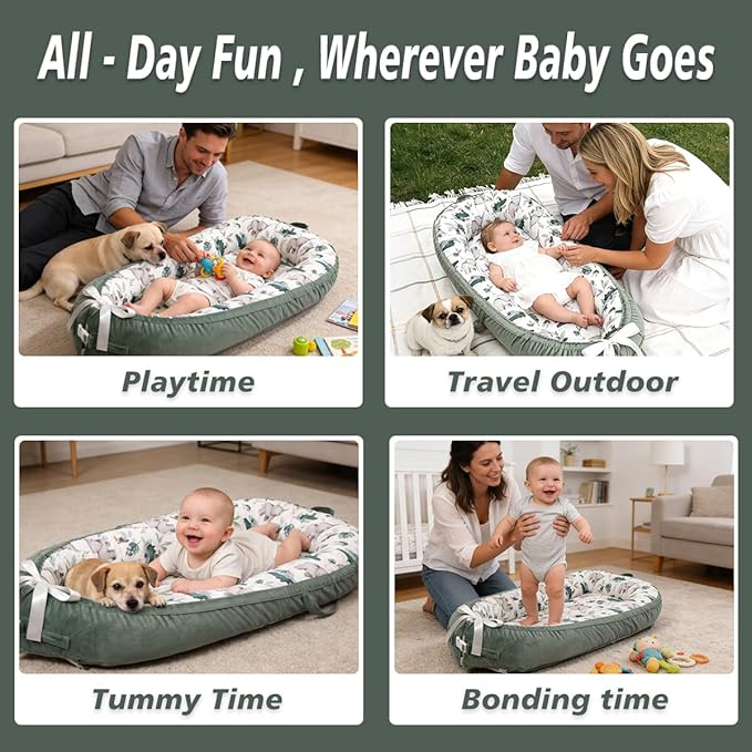 Baby Lounger-Breathable and Soft Organic 100% Cotton, Portable Infant Lounger with Removable Lounger Cover, Baby Nest Lounger for Newborn - Green Zoo