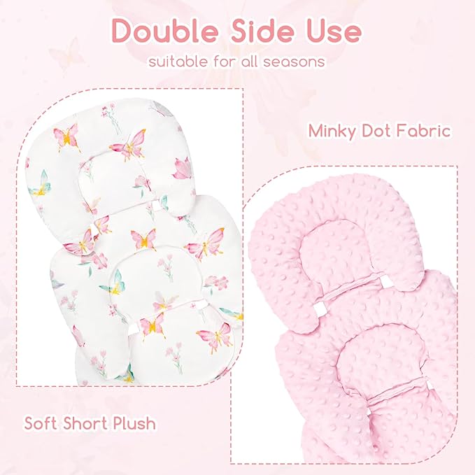 Infant Car Seat Insert for Newborn Girls Boys, Reversible Baby Carseat Head Support with Strap Pads, Soft Baby Car Seat Insert Cushion Pad for Stroller, Bouncer, Swing, High Chair, Pink Butterfly
