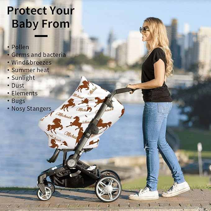 Personalized Baby Car Seat Cover for Boys Girls, Custom Horse Nursing Covers for Breastfeeding with Name, Infant Stroller Cover, Baby Carseat Canopy for Newborn, Multiuse Car Seat Canopies