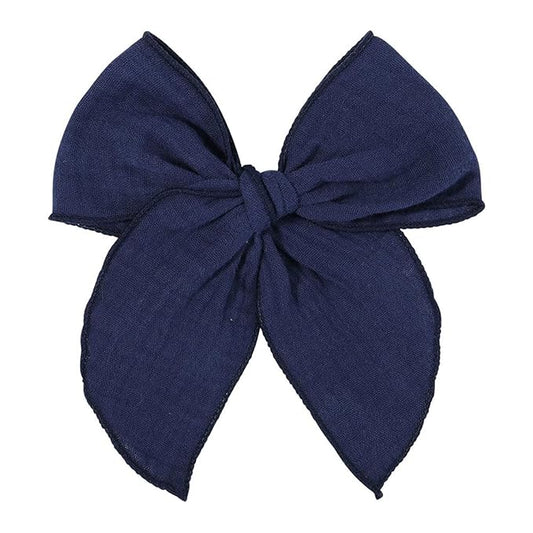 5.5 Inch Navy Blue Fable Hair Bow: Handmade Linen Cotton Hair Clip for Girls - 1 PCS
