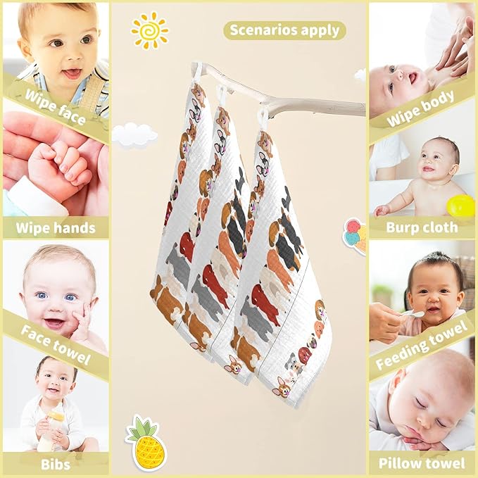 Dog Faces Baby Muslin Washcloths Dog Back Burp Cloths Cute Puppy Soft Absorbent Baby Wash Cloth Fingertip Face Towels for Newborn Boys Girls 12 x 12 in, 3 Pack