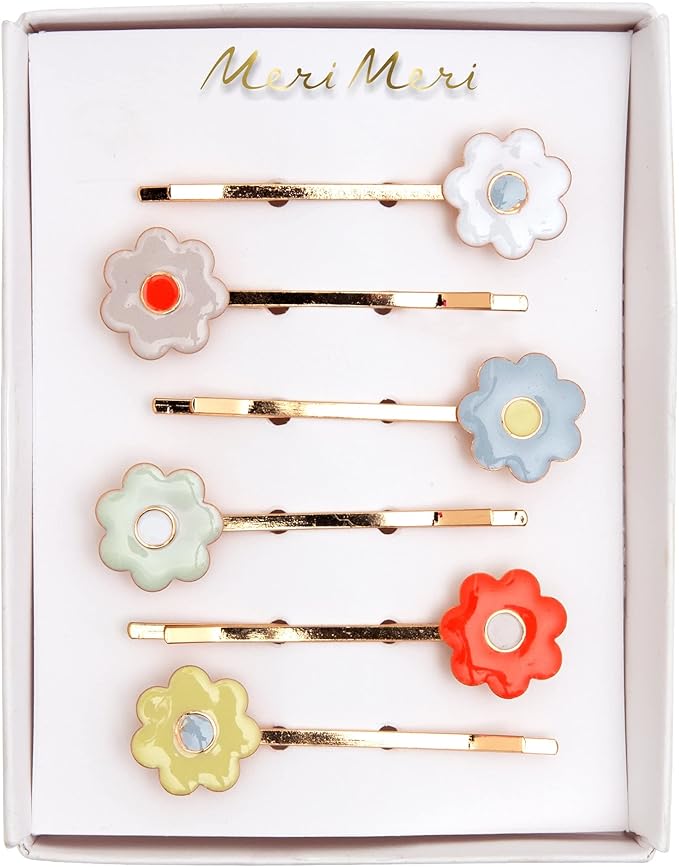 Meri Meri Daisy Enamel Hair Slides (Pack of 6), Cute and Fun Daisy Hair Clips, Gold Tone Hair Slides with Colorful Pastel Enamel Daisies