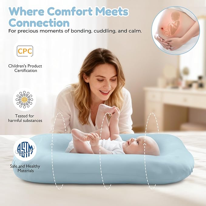 Baby Lounger & Snuggle Nest for Newborn 0-24 Months, Baby Nest Supervised Breathable Cotton for Newborn, Breathable Portable Infant Lounnger for Travel and Home, Blue (Lounger Cover Included）