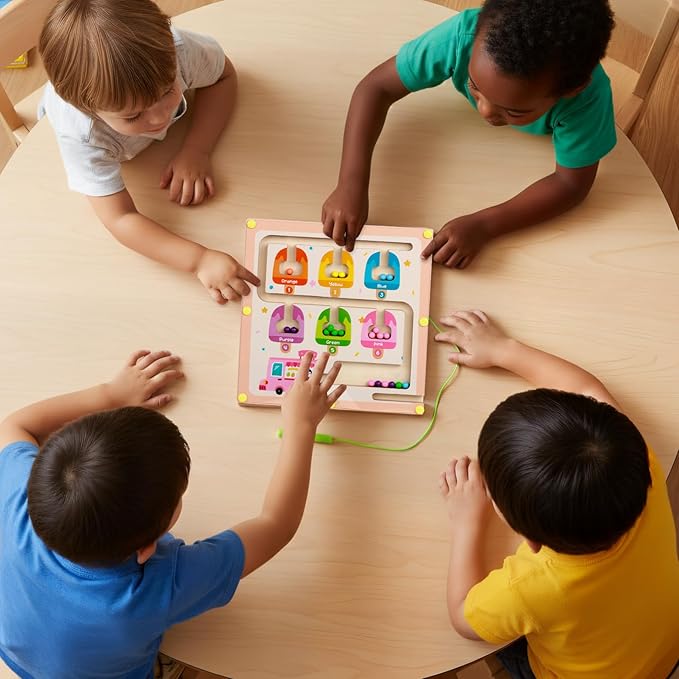 QimuMku Montessori Busy Board for Toddlers 2-4 - Magnetic Color and Number Maze Wooden Ice Cream Matching Game 1-6 Counting Learning Toys for Boys Girls Road Trip Essentials