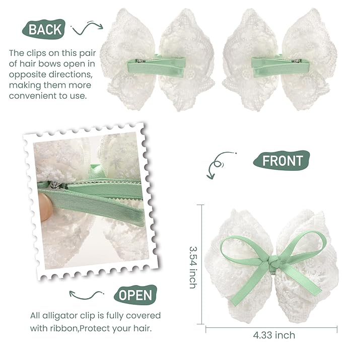2pcs green hair bow clips for girls. White lace bow with light green hair ribbon, fully lined alligator clips. Handmade hair accessories for girls.