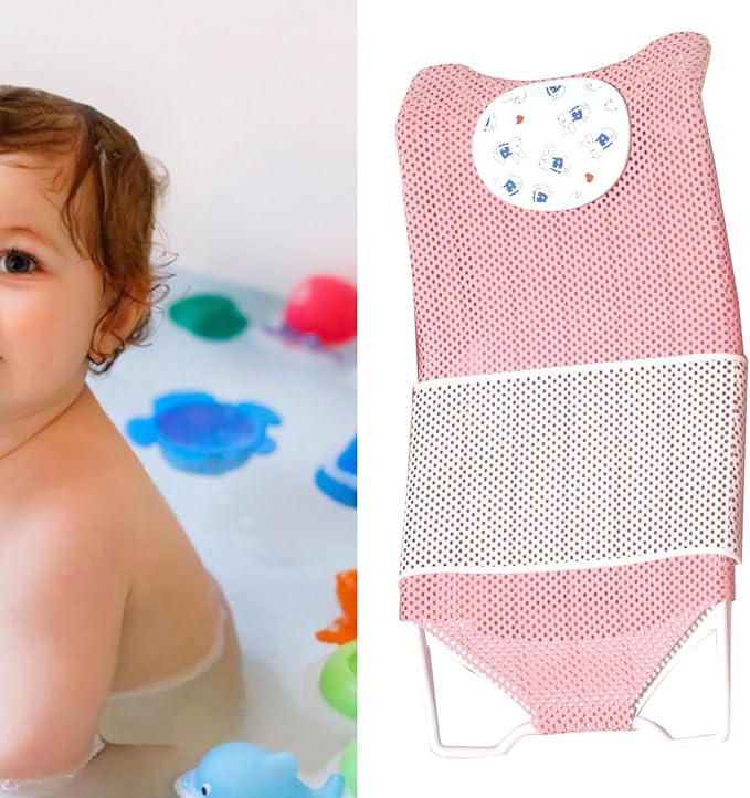 Fafeicy Baby Bath Seat Support Non Slip Mesh Cushion Portable Bath Tub Seat Net for Newborns to Toddlers (Pink, PP Material, with Pillow and Slip Pad)