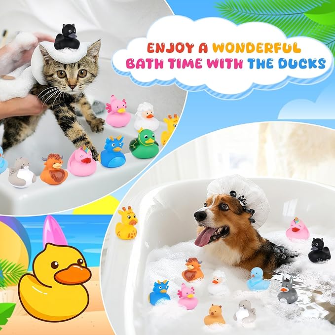 12PCS Rubber Ducks - Assorted Rubber Ducks with Black Cat,Highland Cow,Sheep Bath Toys,Toddler No Hole Ducks for Jeeps,Baby Bath Toys, Animal Bath Duckies for Baby Shower Pool Party Favors