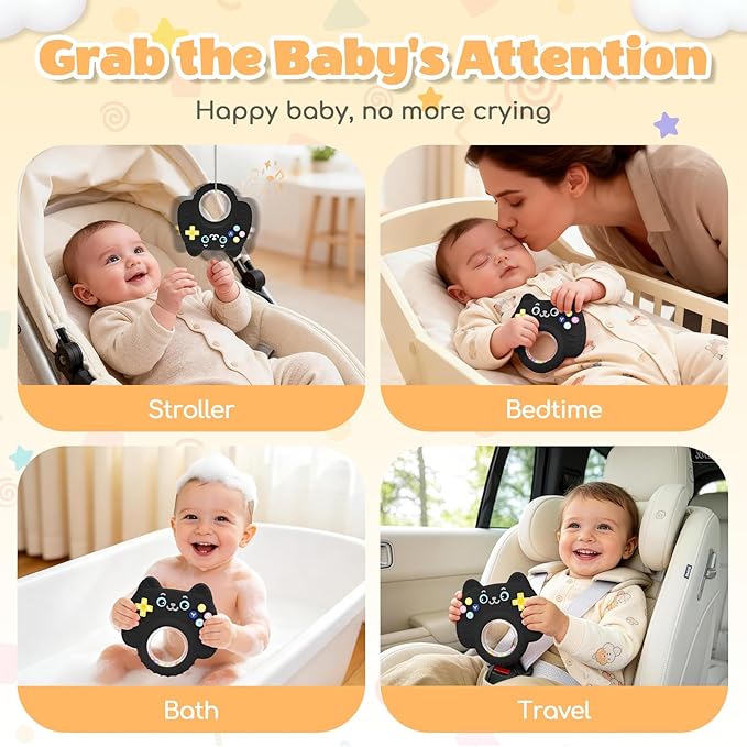 Silicone Baby Teething Toys for 0-6-12 Months, Kitten Remote Rattle Teether for Infant Gum Relief, No BPA Chew Toy for Infant 0-3-6-9-12, Easy-Grip Ring Gift for Travel & Bath