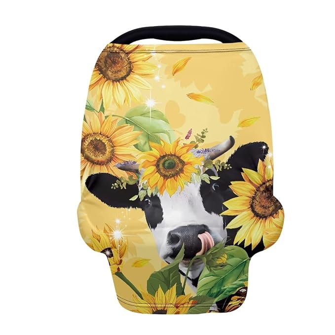 LedBack Highland Cow Baby Car Seat Cover Cow Car Seat Covers for Babies Sunflower Baby Stuff Nursing Cover Breastfeeding Cover,Soft Breathable Baby Carseat Canopy